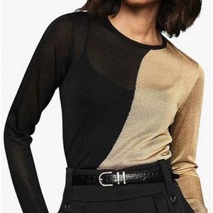 EUC Reiss Adele Colour Block Crew Neck Jumper, Black/Gold, Small